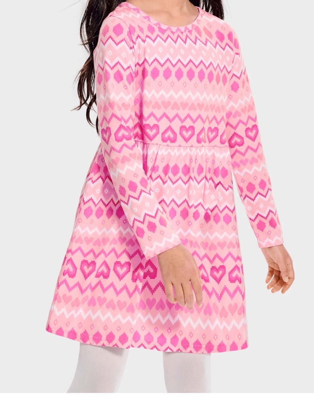 Girls' Pink Heart Fair Isle Long-Sleeve Dress